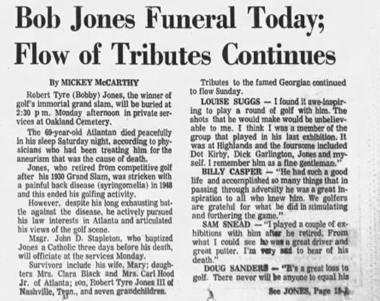 Bobby Jones dies at age 69. He is laid to rest at Oakland Cemetery.